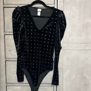 H&M Black Velvet Bodysuit with Silver Studs